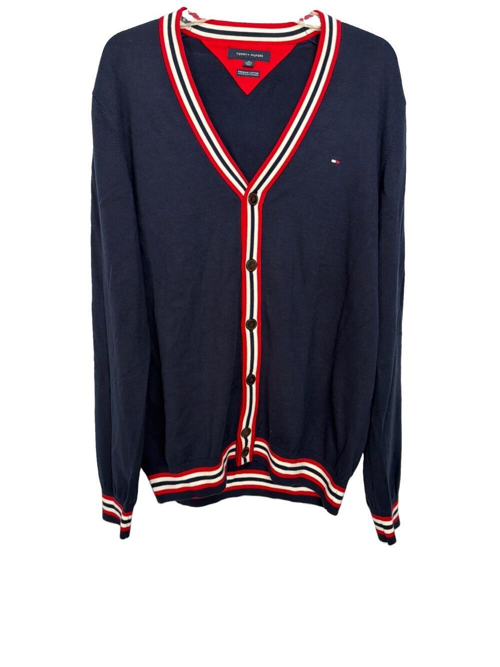 Tommy Hilfiger Cardigan Preppy Collegiate Navy Red White Striped XL Coastal